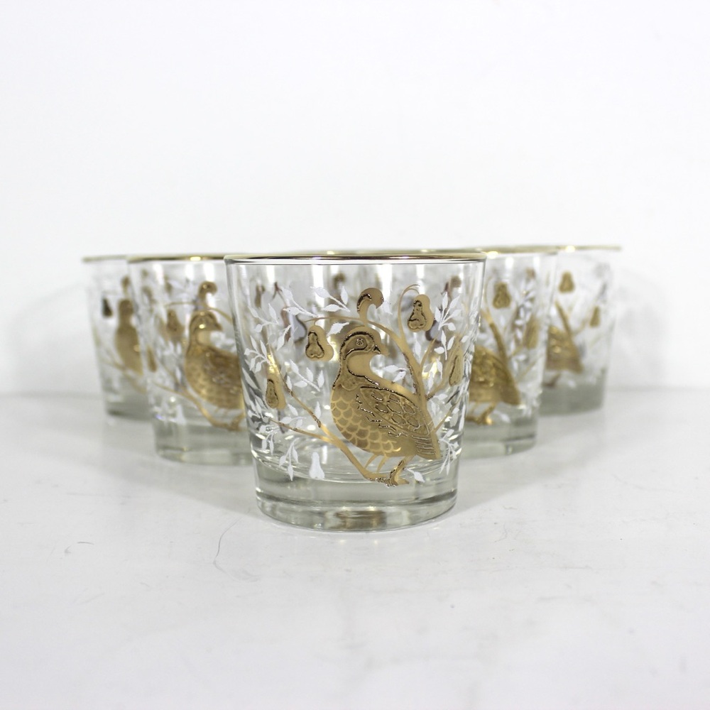 Gold Partridge in a Pear Tree Set of 6 Cocktail Glasses Rocks Glass Christmas